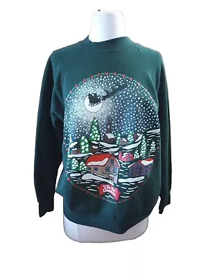 Vintage 90s 'Tis The Season' Christmas Sweatshirt Fruit Of The Loom Green Sz M • $16.90