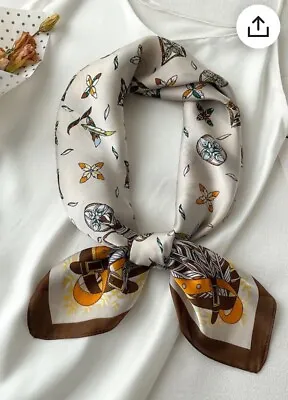 Beige And White Feather Print Fashion Scarf 26.5  X 26.5  100% Polyester • $7.95