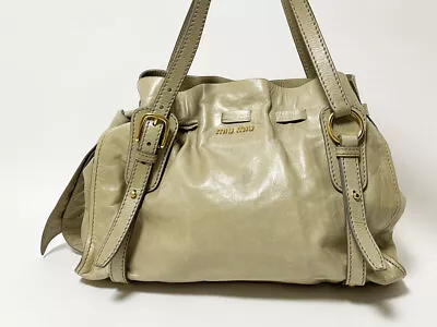 Miu Miu Tote Bag Shoulder Ribbon Vitello Lux Leather Pomice Gray • $468