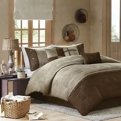 Queen Cal King Bed Brown Taupe Microsuede Earth Tones 7 Pc Comforter Set Bedding • $139.90