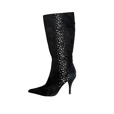 Alfani Women’s Black Tall Boots Heels 6M Vintage Y2K Metal Studded Suede Leather • $49.92