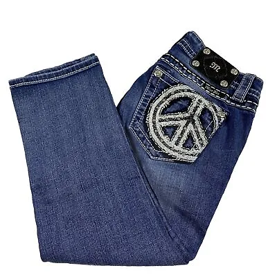 Miss Me Denim Cuffed Capri Jeans Peace Sign Pockets Medium Wash | Women’s 27 • $19.99