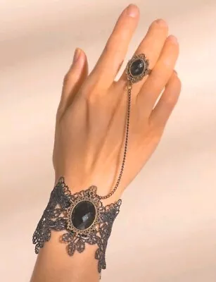 Victorian Retro Lace  Bracelet Ring HandChain Black Stone Gothic Decor Jewellery • £3.99