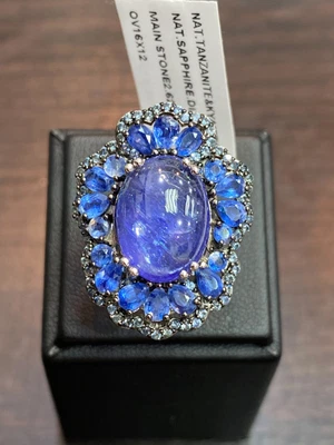 Natural Tanzanite 16x12 Kyanite Sapphire Diamond Cut Sterling Silver 925 Ring • $177.67