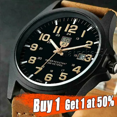 £4.48 • Buy Men’s Military Leather Date Quartz Analog Army Wrist Watch Casual Dress Watches