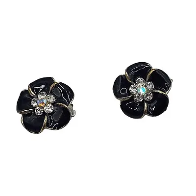 Vintage Enamel Clip On Flower Earrings Black • $14