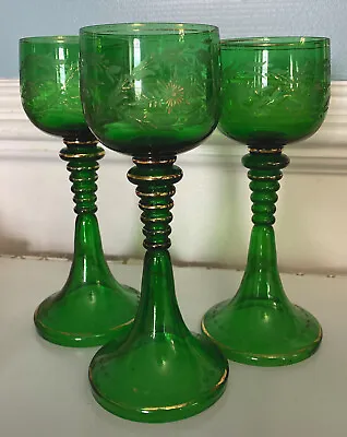 VINTAGE/Antique MOSER Green Etched Gold Painting Footed Wine Glass • $49
