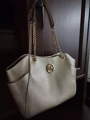 MICHAEL KORS Jet Set Travel Leather Pale Gold LG Chain Shoulder Tote Bag NWT • $199.99