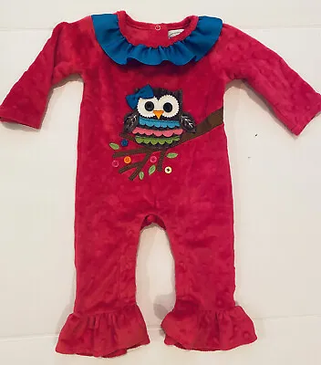 Mud Pie Pink Minky Owl Romper Ruffled Hem And Neckline Size 0-6 M • $16.99