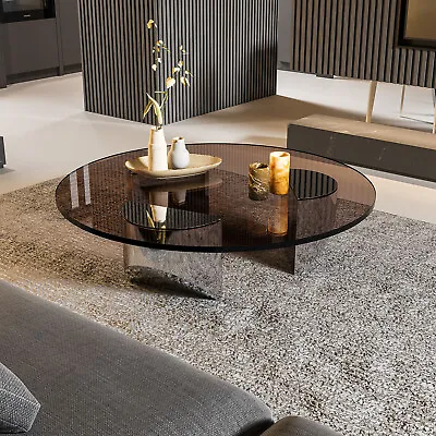 Modern Round Glass Coffee Table Wedge Metal Frame 0.8in Thick Glass Living Room • $778