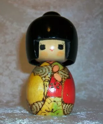 Oriental Floral Burnished Wood Vintage Hand Painted Kokeshi Geisha Doll Japan • $54.40