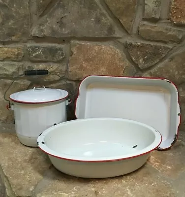 Vintage White & Red Enamel Lg Pan Bowl Pot W/lid Country Farmhouse Chippy Shabby • $98