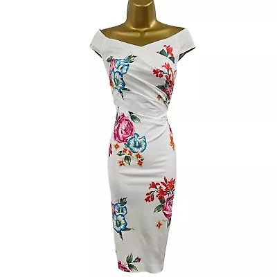 Karen Millen UK 14 (US10) White Floral Off Shoulder Amy Bardot Pencil Dress • £129.99