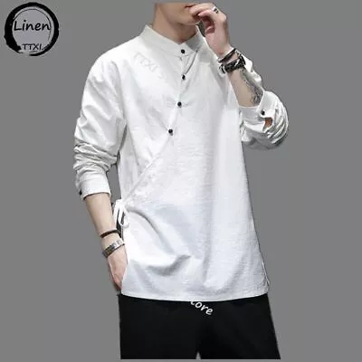 Mens Chinese Hemp Shirt Cotton Linen Tang Suit Hanfu Retro Harajuku Tops Clothes • £47.88