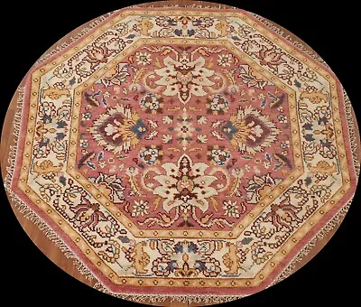 Pink/ Ivory Floral Heriz Serapi Octagon Rug 6'x6' Wool Hand-made Oriental Carpet • $533