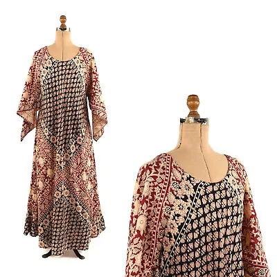 Vintage 70s Kaiser All Cotton Boho Hippie Floral Print Angled Sleeve Maxi Dress • $98