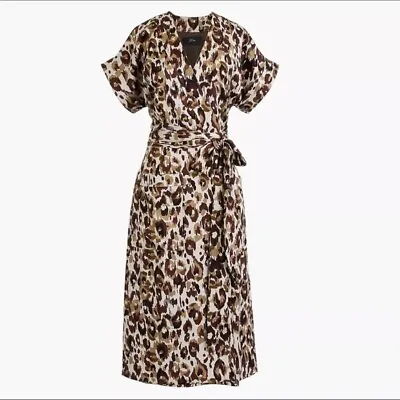 J Crew Size XXS (6) Brown Olive Leopard Print Satin Cuff Short Sleeve Wrap Dress • $34.95