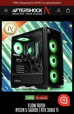 $1200 • Buy Aftershock Flow Rush Gaming PC - Ryzen 5 5600x / RTX 3060 Ti