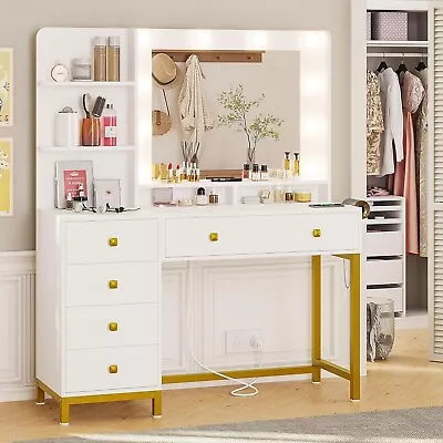 White Makeup Vanity Desk With 5 Drawers & Hair Dryer Holder LED Dressing Table • $209.89