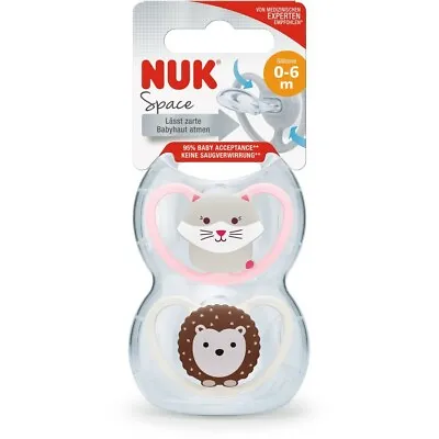 £3.49 • Buy NUK 0-6m  Space Cat/Hedgehog  Orthodontic Silicone Soothers 2 In Pack Bpa Free
