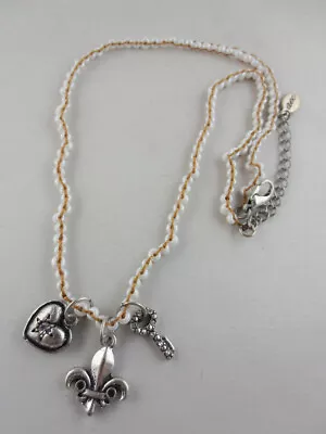 Vintage White Glass Beads Rhinestone Fleur De Lis/Heart/Key Charms Necklace AEO • $6.99