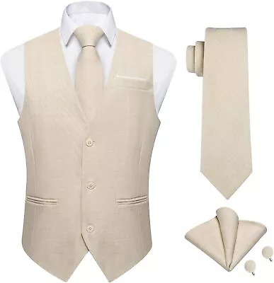 DiBanGu 4PCS Mens Suit Vest Linen Solid Color Vest For Men Wedding Casual Waistc • $77.34