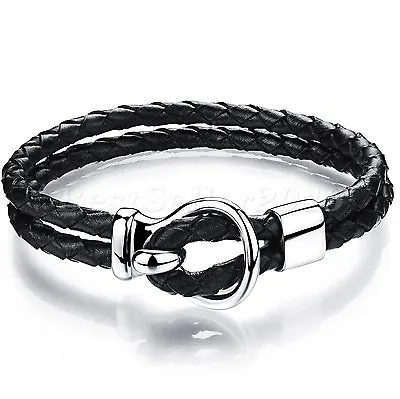 Mens Stainless Steel Bracelet Double Layer Black Leather Braided Charm Infinity • $9.99