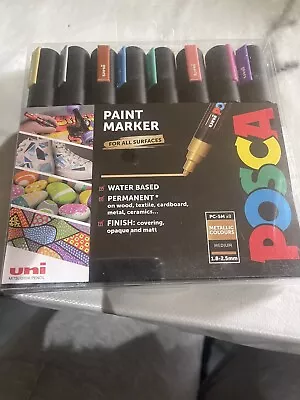 Uni Posca Paint Marker Art Pens PC-5M Medium Wallet Set Of 8 Metallic Colours • £8