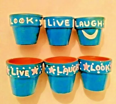  6 Terracotta Flower Seed Pots Small 1 3/4  Hand Painted  LIVE- LOOK LAUGH Blue  • $9.99