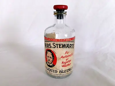 1955 MRS. STEWART'S LIQUID BLUING BOTTLE W/ PAPER LABEL & WOOD CAP STOPPER • $11.04