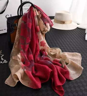 Ladies Red Tan Design  Arty Lux Embroidered Long Dressy Autumn Neck Scarf Shawl • £18.99