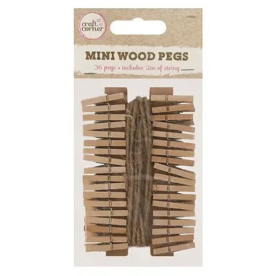 36 Mini Wooden Pegs With Jute String - Hold Photos Pictures Notes Scrapbooking  • £3.95