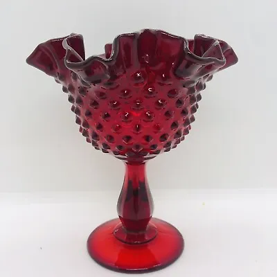 Vintage Fenton Glass Hobnail Red Ruffled Edge Compote Footed Dish 6  • $20