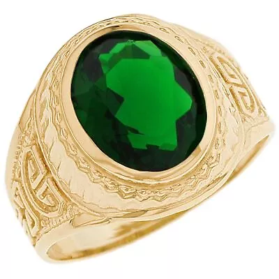 10k Or 14k Yellow Gold Simulated Emerald Greek Design May Birthstone Mens Ring • $284.99