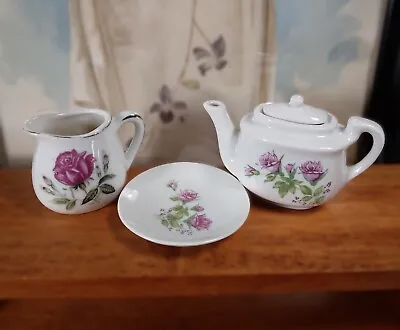 Vtg Mini Japan Moss Rose Porcelain Ceramic Tea Set 3 Pc Teapot Creamer & Dish • $17.99