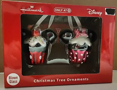 Hallmark Disney Mickey Minnie Mouse Cupcake Blown Glass Christmas Ornament Set  • $29.99