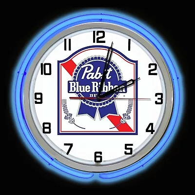 19  Pabst Blue Ribbon PBR Beer Blue Double Neon Clock Chrome Finish • $169.99