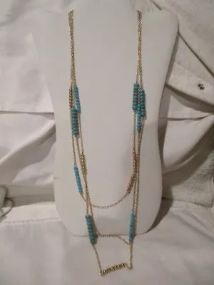 AVON Golden Mustang Long Necklace Turquoise-Color Beads & Goldtone Beads 33 1/2  • $15.49