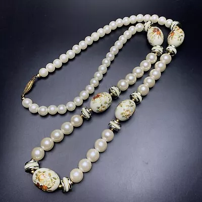 Long Faux Pearl Floral Necklace Beaded Flower Bead Accent 28 Inch Vintage • $16.96