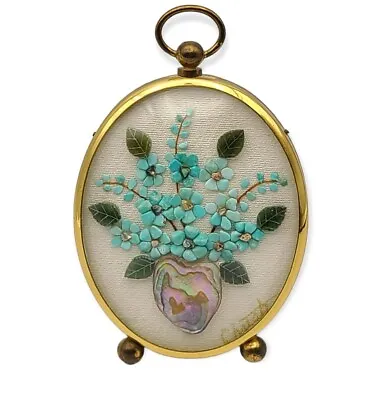 $71.99 • Buy Vtg Floral Gemstone Mini Mosaic Art Turquoise Jade Mother Of Pearl Artist Signed