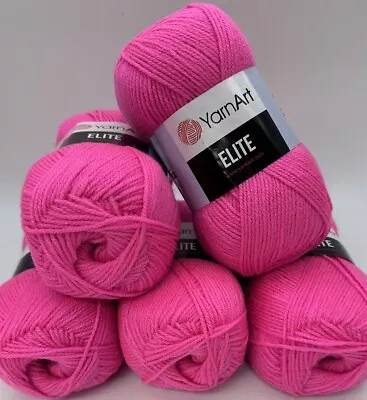 YarnArt Elite Double Knitting Crochet Yarn Wool - 5x100g Balls - 174 Neon Pink • £8.49