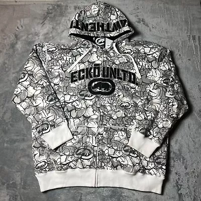 Vintage Ecko UNLTD Hoodie Sweatshirt Mens 2XL Grey Graffiti AOP Y2K Full Zip • $98.88