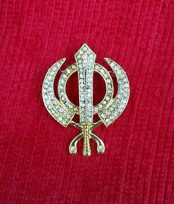 Stunning Diamonte Gold Plated Sikh Khanda Brooch Cake Pin Singh Turban Dumala • £15.04