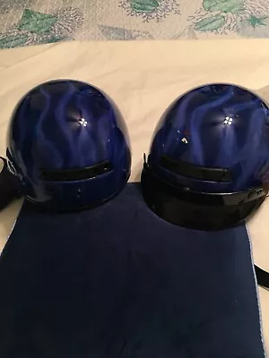 2 Vega Half Skull Motorcycle Helmets Custom Painted Small & Medium Blue Flame • $50