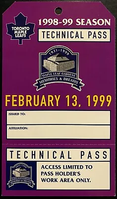 1999 NHL Hockey Leafs Technical Pass Maple Leaf Gardens Last Game Toronto • $30