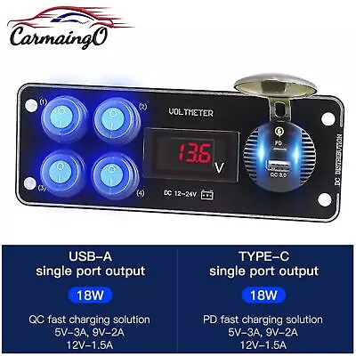 4 Gang Blue LED Toggle Switch Panel Voltmeter QC 3.0 USB Charger Car Marine Boat • $24.99