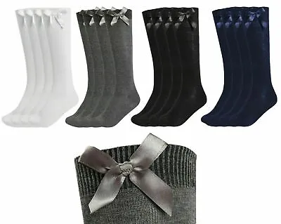 New Girls Up To 3 Pk Value Knee High Bow Detail Back 2 School Cotton Rich Socks • £2.99