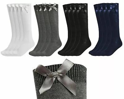 New Kids Girls Value 6 Pack Knee High Bow Detail Back 2 School Cotton Rich Socks • £6.99