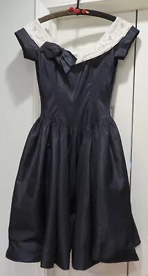 Vintage 1950's Navy Taffeta Dress With White Lace/Sequin Organdy Collar  S • $84