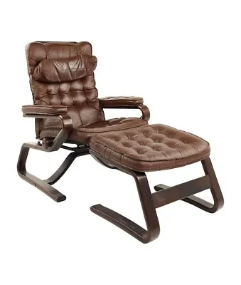 Westnofa Style Mid Century Tufted Leather Lounge Chair And Ottoman • $2795